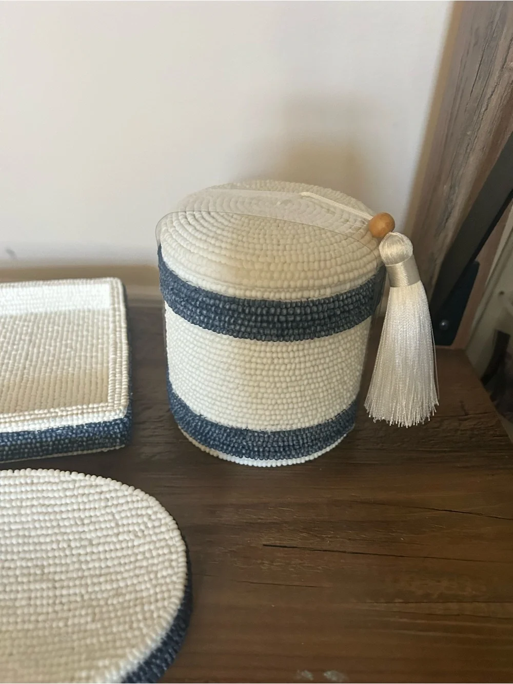 Handwoven Cream and Navy Bath Vanity Tray Set -